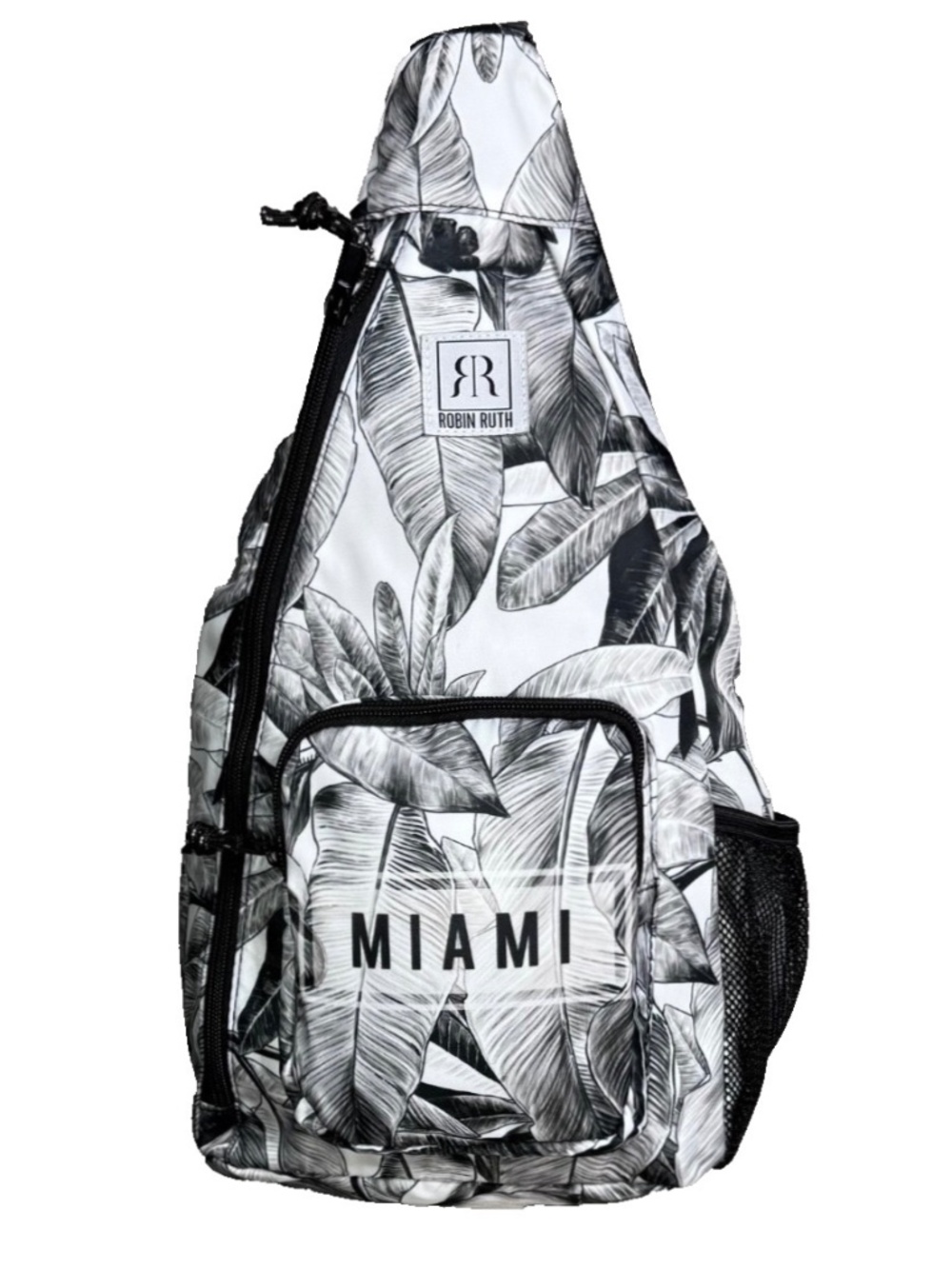 Robin Ruth MIAMI Crossbody Sling Backpack Tropical Jungle Leaves Black White NWT